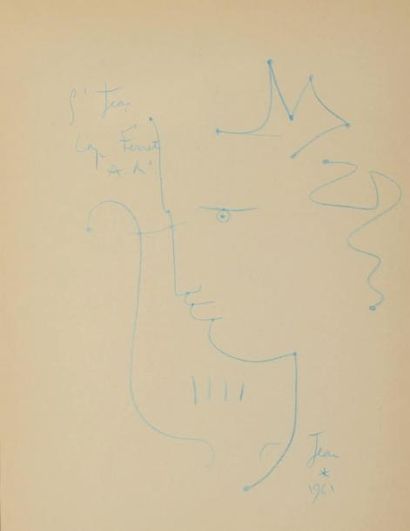 Jean COCTEAU (1889 - 1963) Profil Orphée Crayon bleu sur papier. Cap Ferret, 1961.Signé...