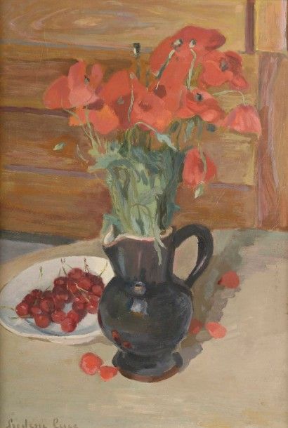 Frédéric LUCE (1896-1974) Vase de coquelicots et assiette de cerises Huile sur panneau,...