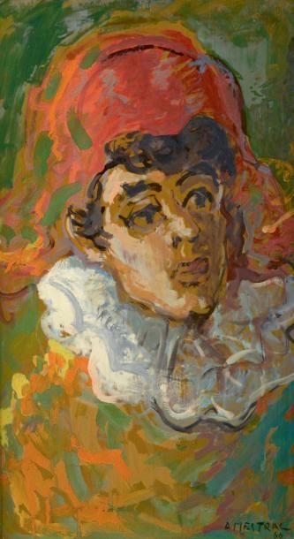 Armand MESTRAL (1917-2000) Autoportrait en clown Huile sur panneau de sapin parqueté,...