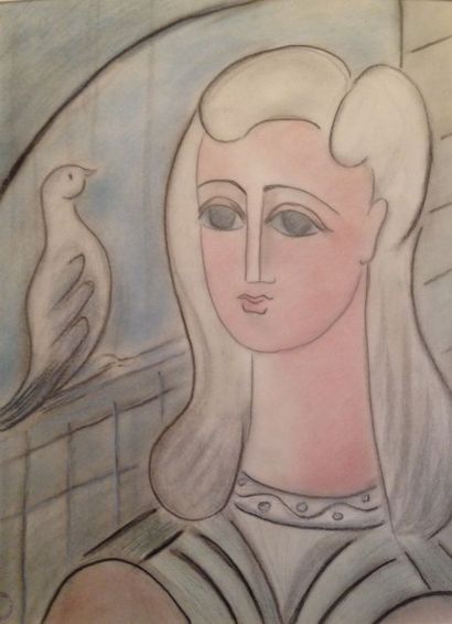 Meline KOTCHAR (1899-?) Portrait de femme à l'oiseau Fusain et pastel. Cachet de...