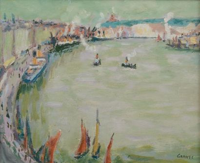 François GRAVES (né en 1934) Port de Dieppe Huile sur panneau, signée en bas à droite....