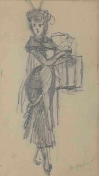 Alfred GREVIN (1827-1892) Femme à la cage Mine de plomb sur papier, signée en bas...