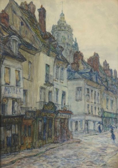 Fernand TRUFFAUT (1866-1955) Gisors (pluie) Aquarelle sur papier, signée et située...
