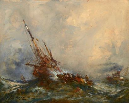 Jean-Etienne KARNEC (1865-1934) Bateaux sur une mer agitée Huile sur carton, signée...