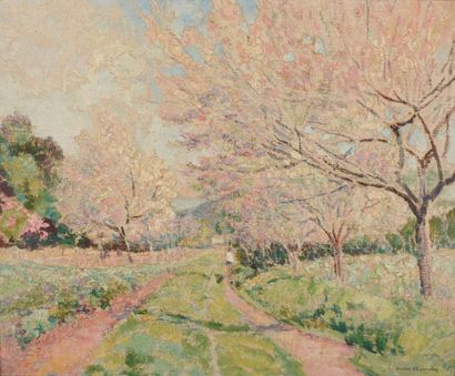 Victor CHARRETON (1864-1936) Chemin aux arbres en fleur Huile sur toile, signée en...