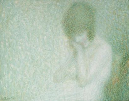 Lucien BOULIER (1882-1963) Jeune fille les mains sur la joue Huile et aquarelle sur...