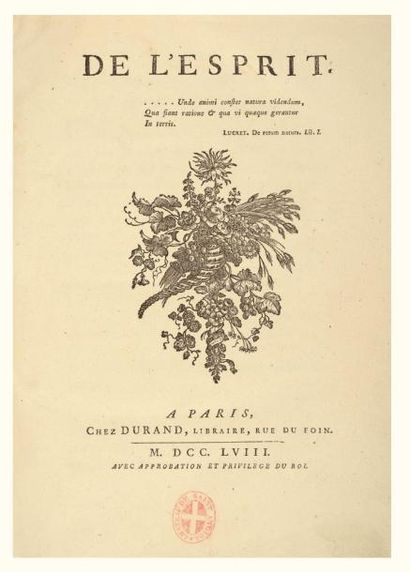 HELVETIUS De l'Esprit. Paris, Durand, 1758. In-4, (1) f., XXII, 643 (1) p., veau...