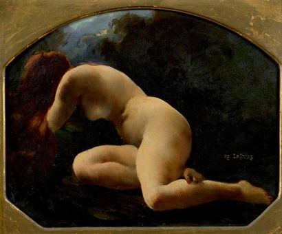 Adolphe LA LYRE (1850-1933) Jeune fille nue dans un paysage Huile sur panneau cintré...