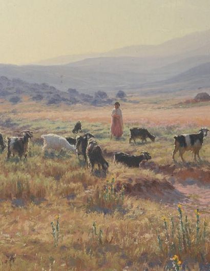 Antoine GADAN (1854-1934) La petite gardeuse de chèvres Huile sur toile signée en...