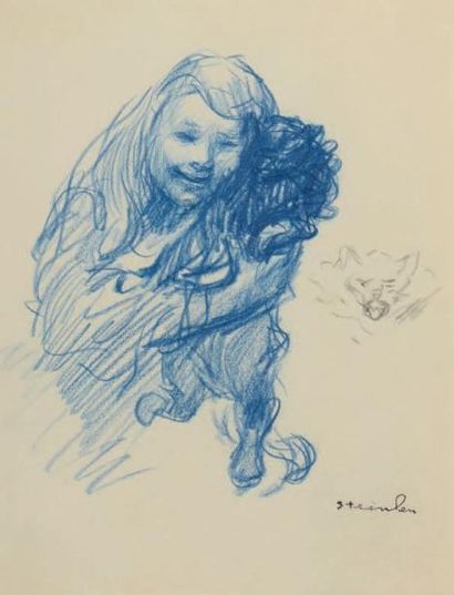 Théophile Alexandre STEINLEN (1859-1923) Sa fille Colette avec son chien Crayon bleu,...