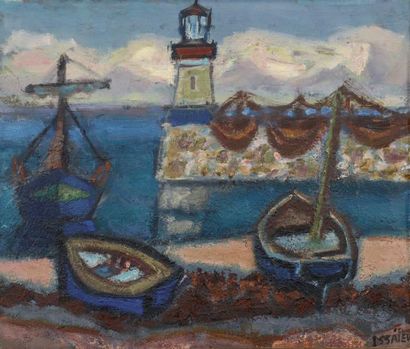 Nicolas ISSAIEV (1891-1977) Barques devant la jetée Huile sur carton signée en bas...