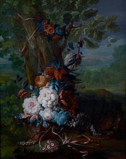 Attribué à Joseph MALAINE (1745-1809) Bouquet de fleurs déposé au pied d'un arbre...