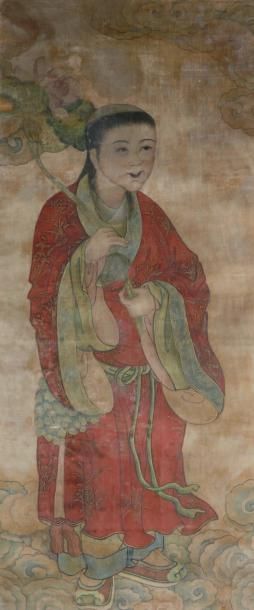 CHINE - Epoque MING (1368 - 1644) Encre polychrome sur soie, enfant, l'un des deux...
