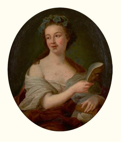 Ecole Francaise vers 1780 Portrait d'une comédienne au masque Sur sa toile d'origine...