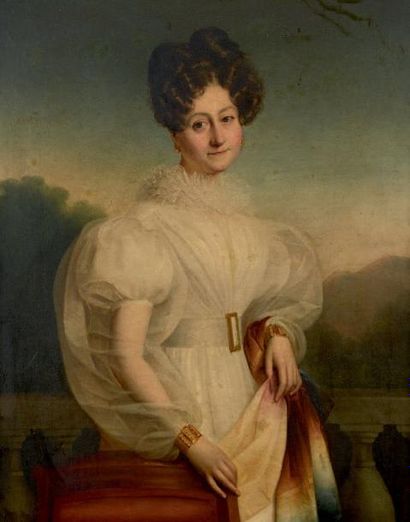 ÉCOLE FRANÇAISE VERS 1820 Portrait de femme à la robe blanche devant un paysage Toile....