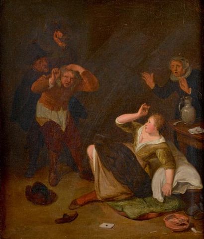 ÉCOLE HOLLANDAISE du XVIIIe siècle, suiveur de Jan STEEN La dispute Toile. 34 x 28,5...