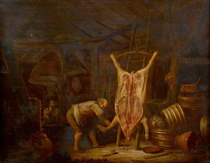 Hendrick BOGAERT (Amsterdam 1626 - 1675) Intérieur de cuisine avec un porc écorché...