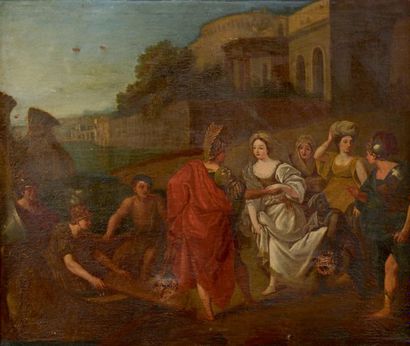 École FRANÇAISE du XVIIIe siècle Guerre de Troie Huile sur toile. 73 x 86 cm Cadre...