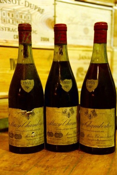 null 3 Bouteilles Mazy Chambertin 1955 Thomas Bassot, niveaux: 4 cm, étiquettes légèrement...