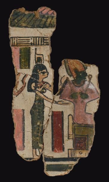 null Fragment de cartonnage de momie représentant Isis derrière Osiris assis. Tissu...