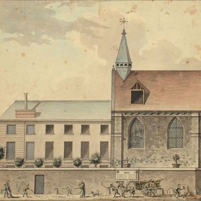 Ecole Française du XVIIIème siècle Vue du côté d'une église et du bâtiment y attenant...
