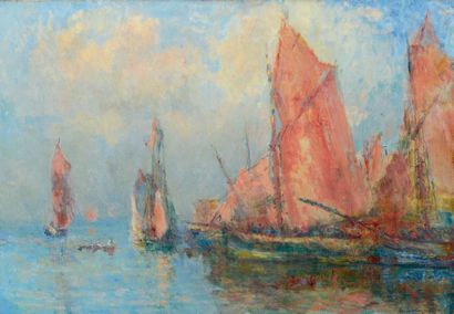 ALBERT LEBOURG (1849-1928) Bateaux de pêche aux voiles rouges, sortie du port de...