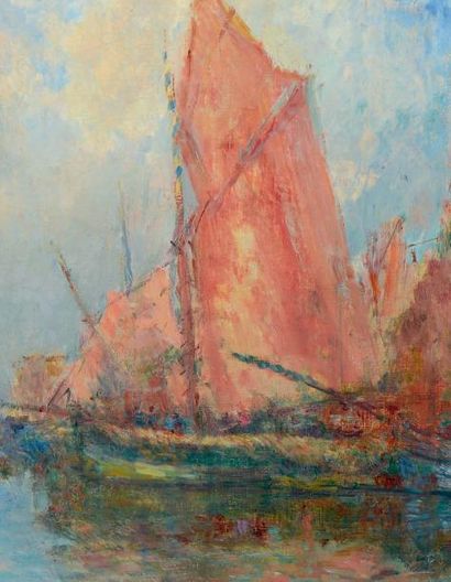ALBERT LEBOURG (1849-1928) Bateaux de pêche aux voiles rouges, sortie du port de...