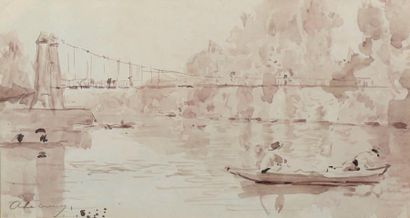 ALBERT LEBOURG (1849-1928) La Marne au parc Saint Maur Lavis d'encre brune sur papier,...
