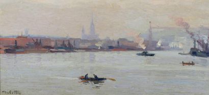 Joseph DELATTRE (1858-1912) Rouen, la Seine, la Cathédrale et le pont transbordeur...
