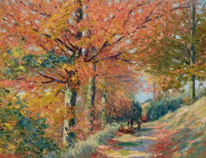 Narcisse GUILBERT (1878- 1942) Sentier sous bois, matin en automne Huile sur toile...