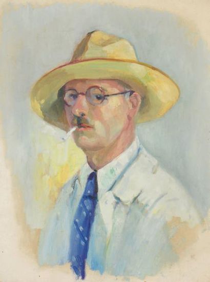 Robert PINCHON (1878-1943) Autoportrait à la cigarette Huile sur toile non signée....