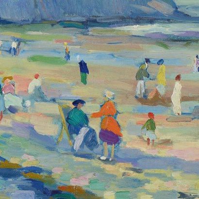 Robert PINCHON (1878-1943) La plage Huile sur toile marouflée sur panneau signée...