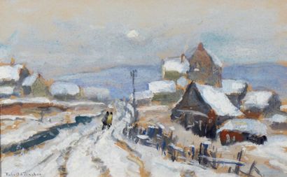 Robert PINCHON (1878-1943) Village sous la neige Gouache sur carton signée en bas...
