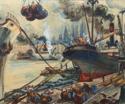 Pierre LE TRIVIDIC (1898-1960) Le port de Rouen Aquarelle et mine de plomb montées...