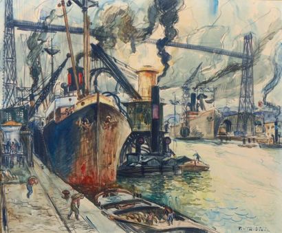 Pierre LE TRIVIDIC (1898-1960) Le port de Rouen avec le transbordeur Aquarelle et...
