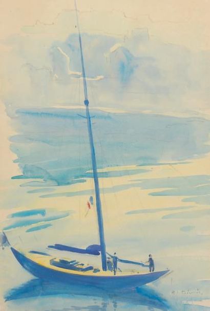 Pierre LE TRIVIDIC (1898-1960) Le voilier bleu Aquarelle signée en bas à droite....
