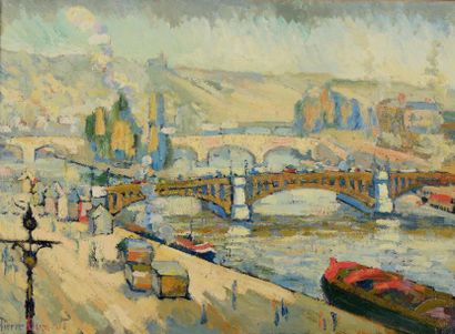 Pierre DUMONT (1884-1936) Les quais à Rouen Huile sur toile signée en bas à gauche....