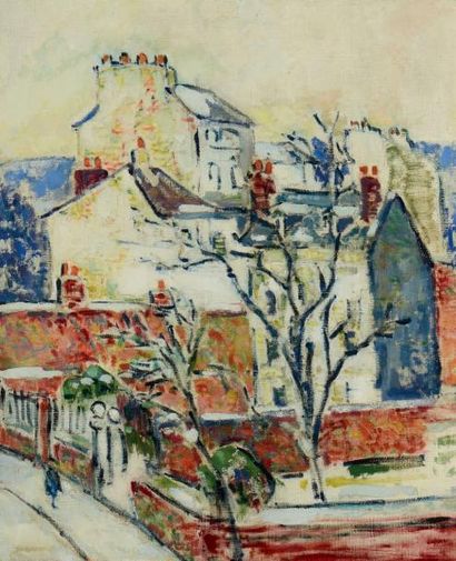 Maurice LOUVRIER (1878-1954) Ville sous la neige Huile sur toile, trace de signature...