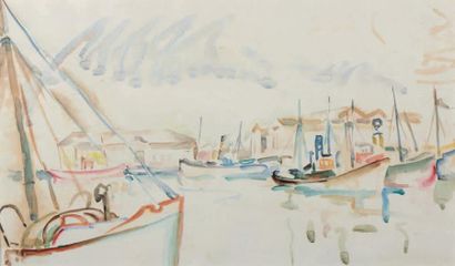 George CYR (1880-1964) Bateau de pêche Aquarelle, au verso Bateaux à vapeur. 25 x...
