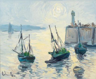 Fernand HERBO (1905-1995) Le soir sur le port Huile sur toile signée en bas à gauche,...