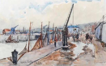 Fernand HERBO (1905-1995) Honfleur, bateaux de pêche à quai Aquarelle et fusain sur...