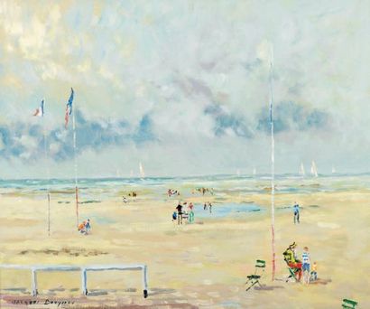 Jacques BOUYSSOU (1926-1997) La plage en Normandie Huile sur toile signée en bas...