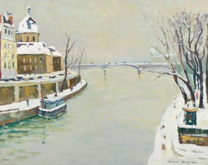 Jacques BOUYSSOU (1926-1997) Le pont des Arts l'hiver 1969 Huile sur toile signée...