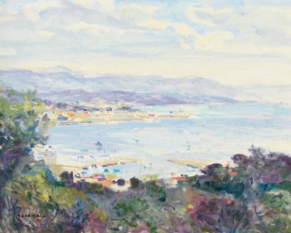 Gaston SEBIRE (1920-2001) La baie d'Antibes et le port Huile sur toile signée en...