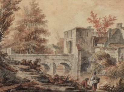Ecole Flamande du XVIIIe siècle Couple de pêcheurs près d'un pont en pierre Lavis...