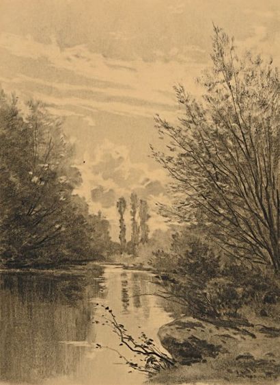 Léon Augustin LHERMITTE (1844-1925) Paysage à la rivière Fusain et estompe sur papier...