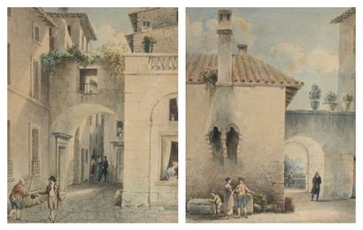 Victor Jean NICOLLE (Paris 1754 - 1826) 
Deux scènes de rue à Avignon
Paire de dessins,...