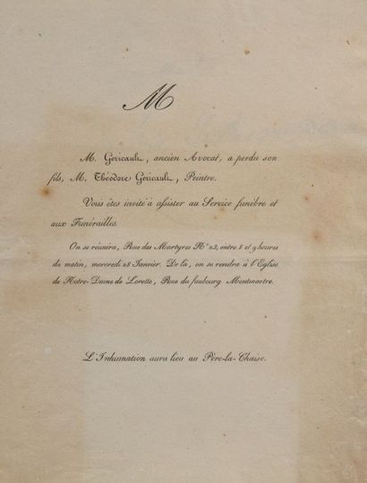 [Théodore GERICAULT (1701-1824)] 
Faire-part annonçant le décès du peintre
Théodore...