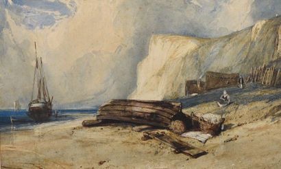 Eugène ISABEY (Paris 1803 - Montévrain 1886) 
Vue d'une plage en Normandie
Aquarelle.
21...