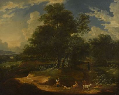 Ecole Flamande du XVIIIe siècle 
Paysage de forêt avec une bergère, des chiens et...